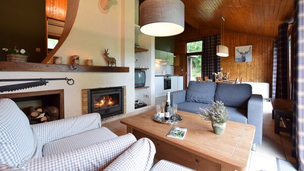 A cozy living room with a fireplace, a sofa, a coffee table, and a dining area.