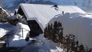 Un chalet de montagne enneigé, avec une façade en bois et un toit recouvert de neige, entouré d’arbres couverts de neige et sous un ciel dégagé.