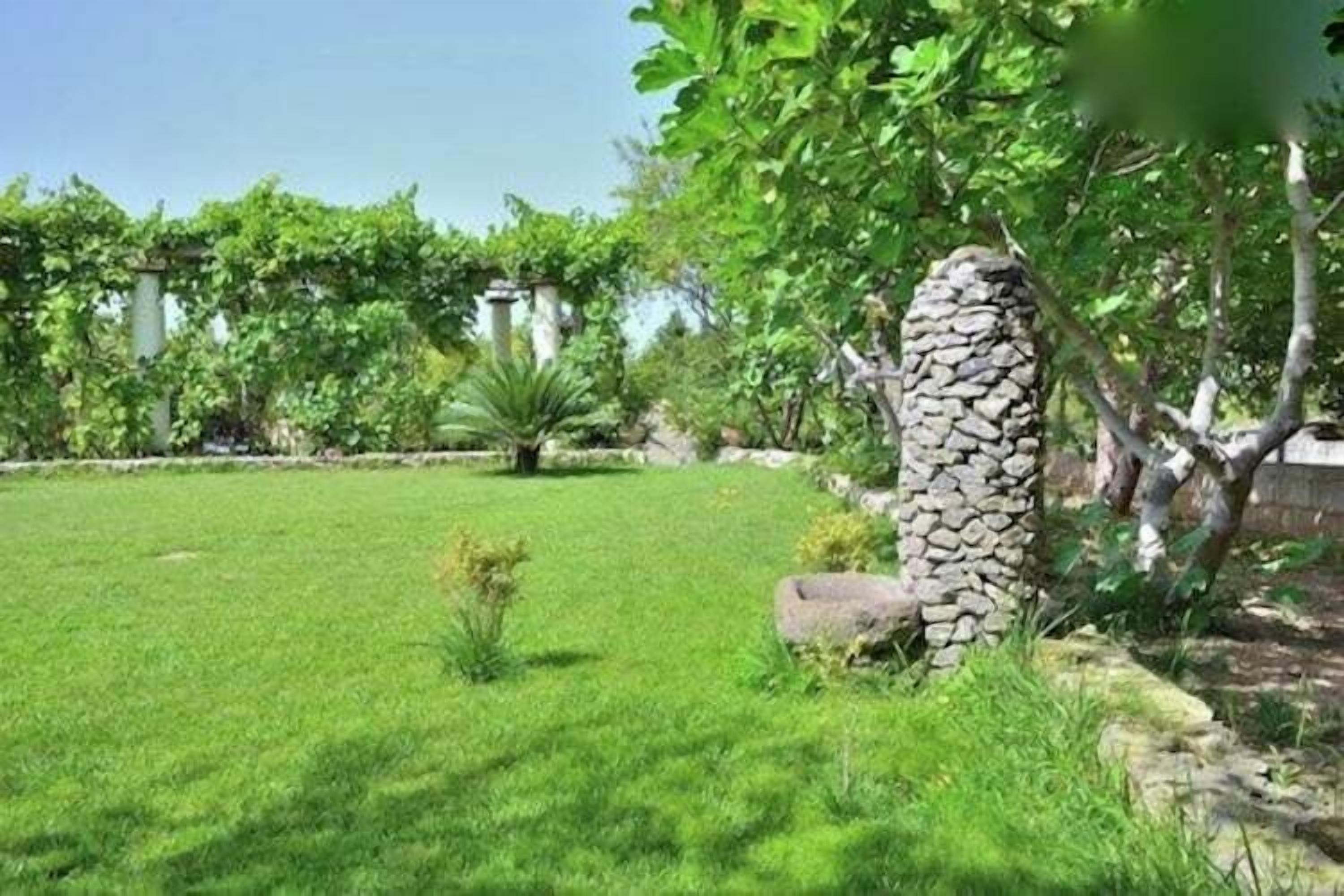Un jardin bien entretenu, agrémenté d’un pilier en pierre, d’une pelouse verdoyante et de diverses plantes.
