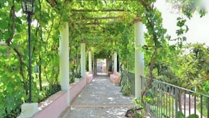 A covered walkway with a stone floor, surrounded by greenery and a metal railing. - Mansion in Parghelia near Coast of the Gods (Parghelia)