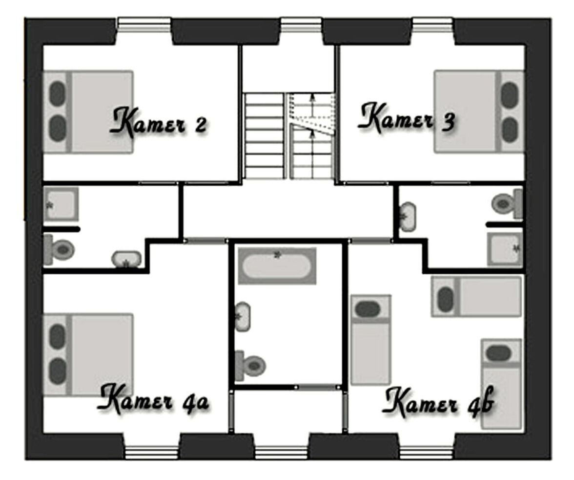 A floor plan of a hotel with four rooms labeled Kamer 2, Kamer 3, Kamer 4a, and Kamer 4b. Each room has a bathroom and a kitchenette.