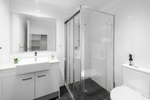 Shower, hair dryer, towels