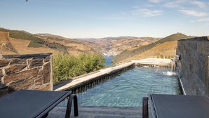 Ein Pool mit Steinmauern und Blick auf ein Tal.