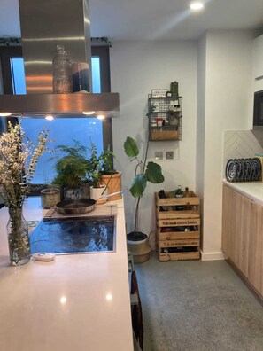 Eenvoudig appartement, 1 kingsize bed | Privékeuken | Een koelkast, een microgolfoven, een oven, een kookplaat