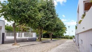 Un chemin pavé bordé d’arbres et un bâtiment blanc au design moderne.