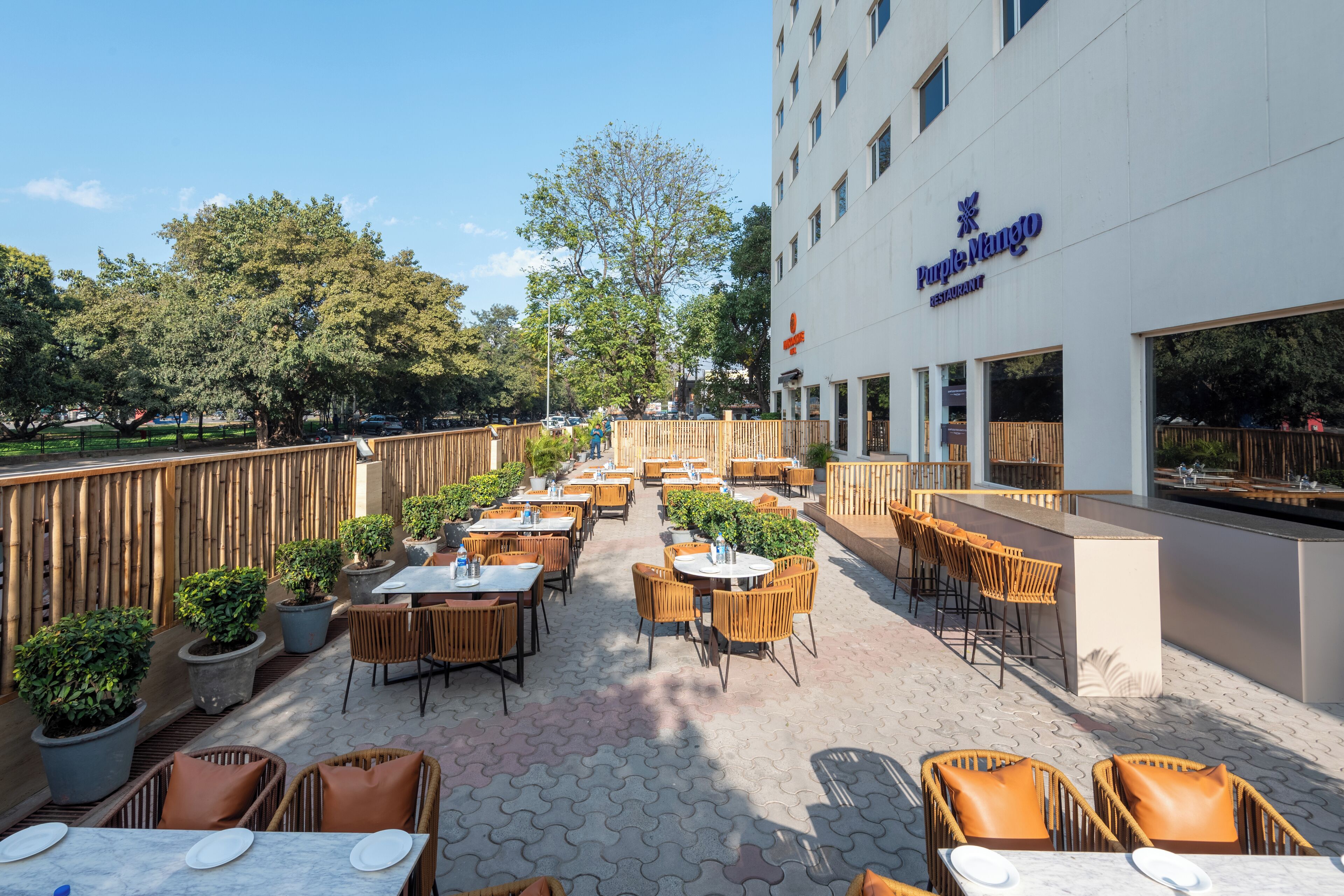 An outdoor patio area with tables and chairs, potted plants, and a building with a sign reading "Purple Mango Restaurant".