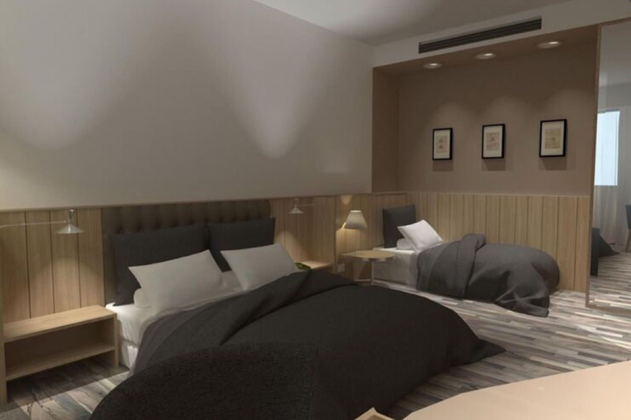 A modern hotel room with a large bed, a smaller bed, a bedside table, and a nightstand. There are framed pictures on the wall and a window providing natural light.