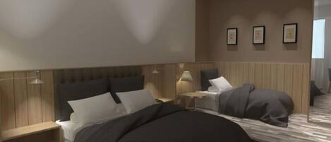 A modern hotel room with a large bed, a smaller bed, a bedside table, and a nightstand. There are framed pictures on the wall and a window providing natural light.