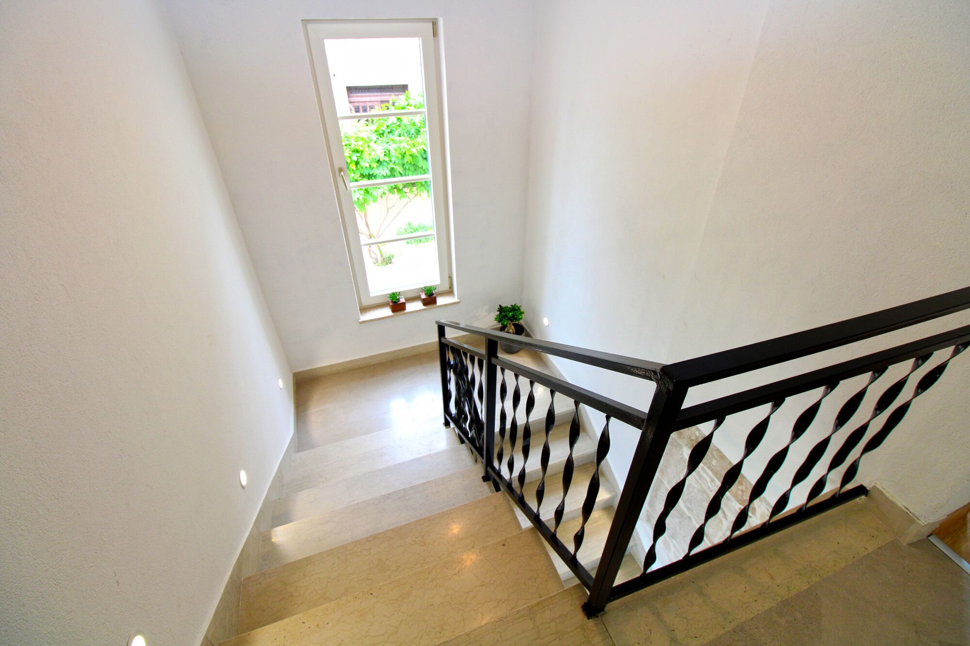 A staircase with a black railing, a small window with plants, and a view of greenery outside.