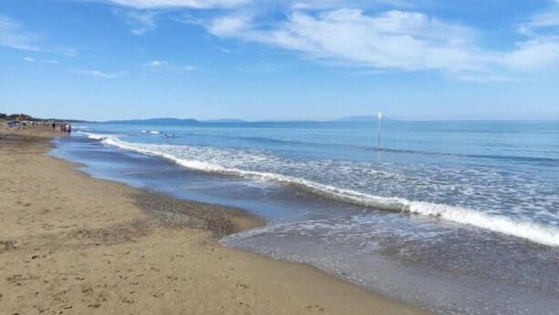 Uma praia com céu claro e mar calmo.
