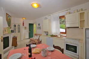 Fridge, oven, dishwasher, dining tables