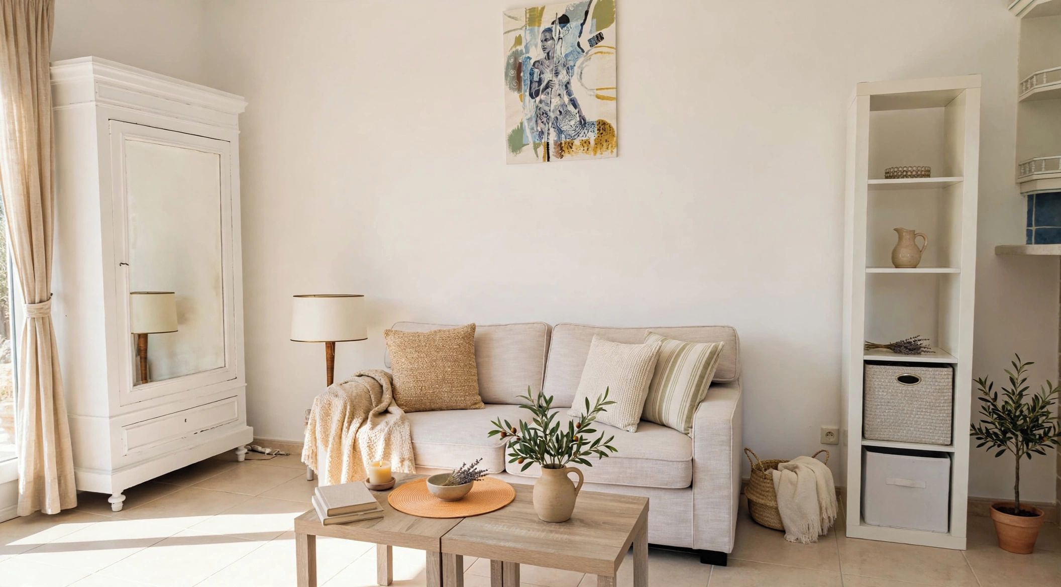 A living room with a sofa, a coffee table, a lamp, a painting, and a cabinet.