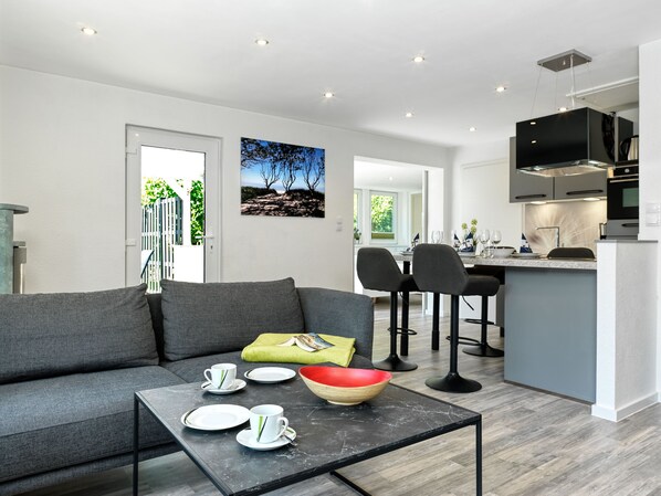 TV, fireplace, books, stereo