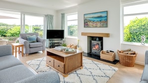 A modern living room with a fireplace, a flat-screen TV, and a painting of a coastal scene.