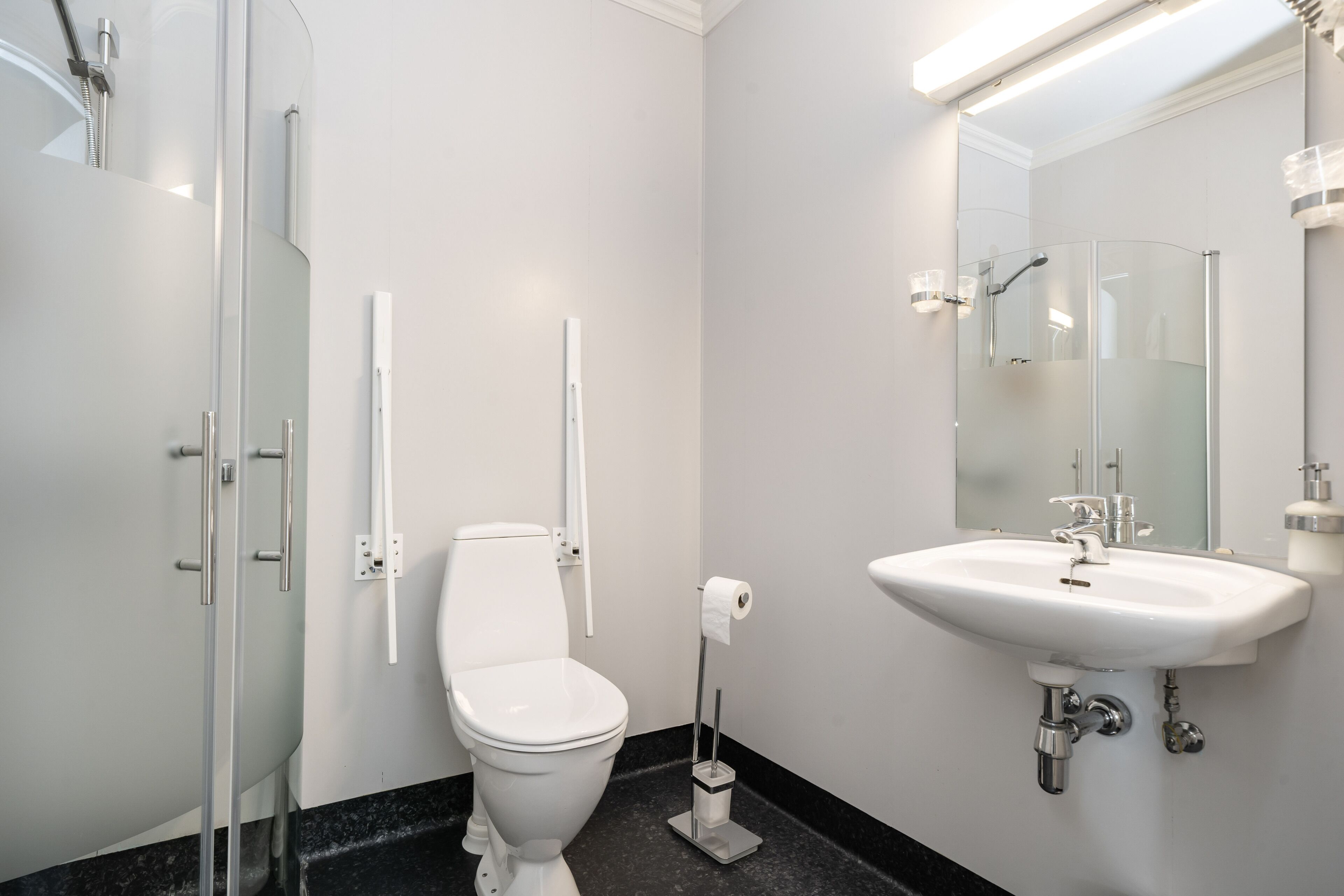 A modern bathroom with a glass shower enclosure, a white toilet, and a sink with a mirror above it.