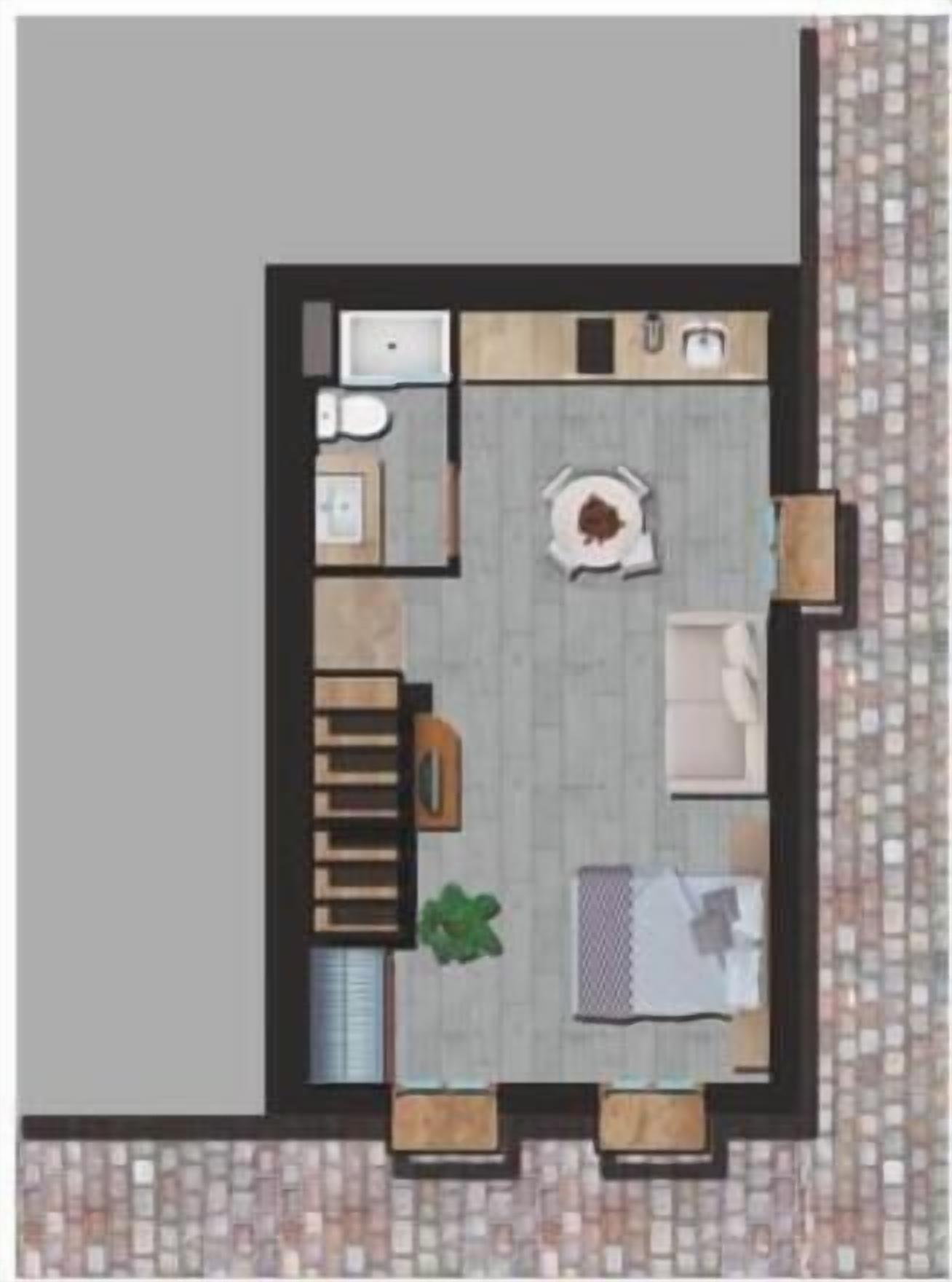 A room with a bed, a desk, a chair, a small table, and a window.