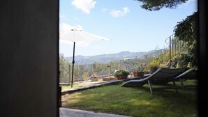 Vista a través de una puerta que da a un patio trasero con césped, cerca metálica y una silla.