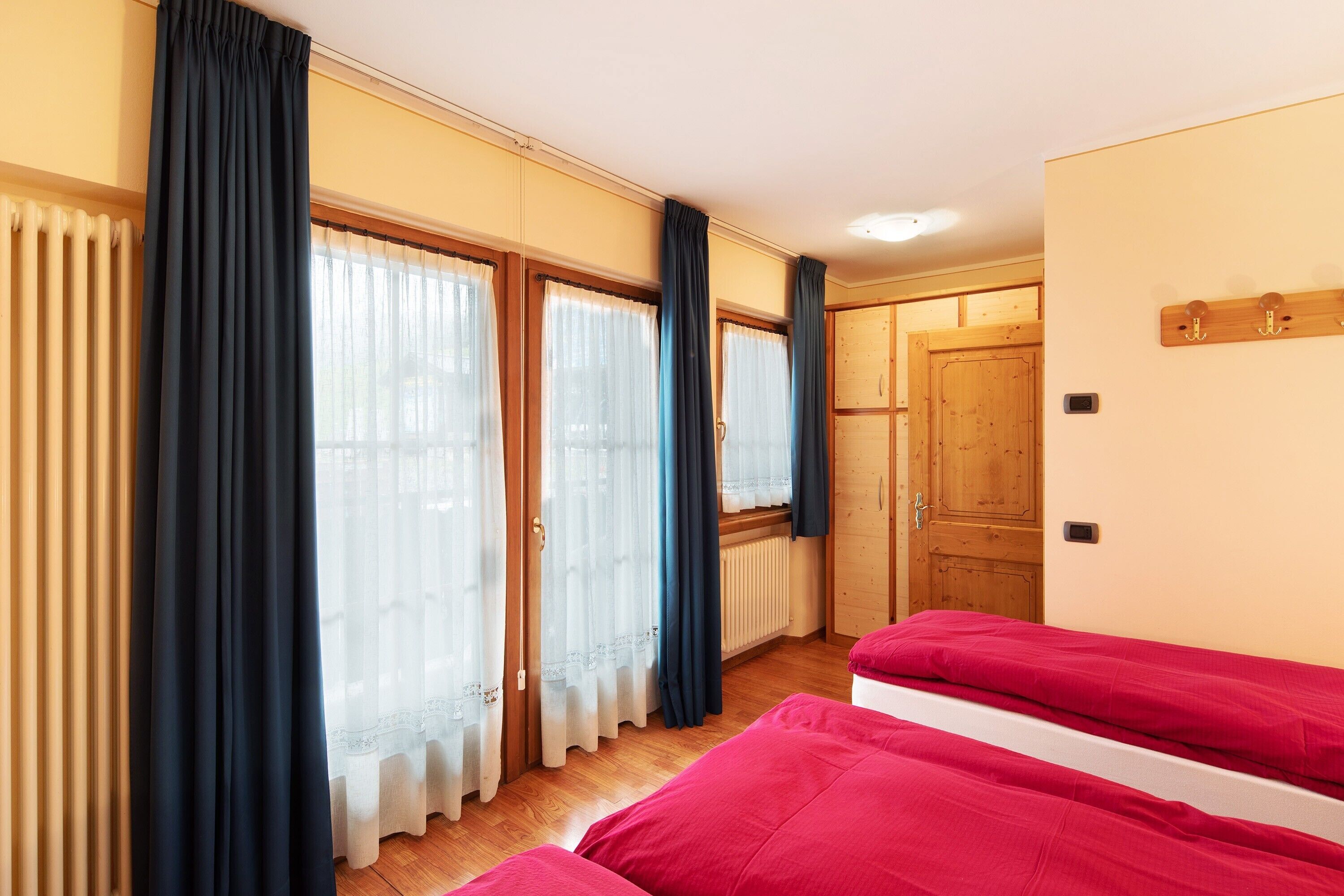 Une pièce avec un lit, un radiateur et une porte en bois.