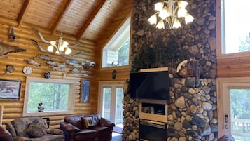 Smart TV, fireplace, video library