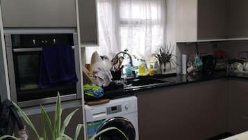 Fridge, microwave, electric kettle, toaster