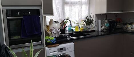 Fridge, microwave, electric kettle, toaster