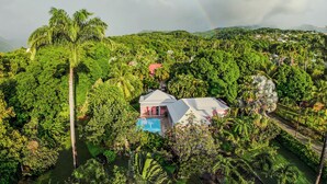 A house surrounded by dense tropical vegetation, with a visible swimming pool and a small pavilion. - Magnificent Zen Villa with swimming pool in a 4000 m2 garden (Bouillante)