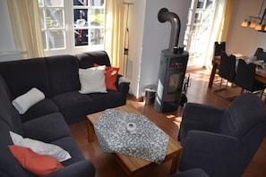 Télévision, cheminée, lecteur de DVD, livres