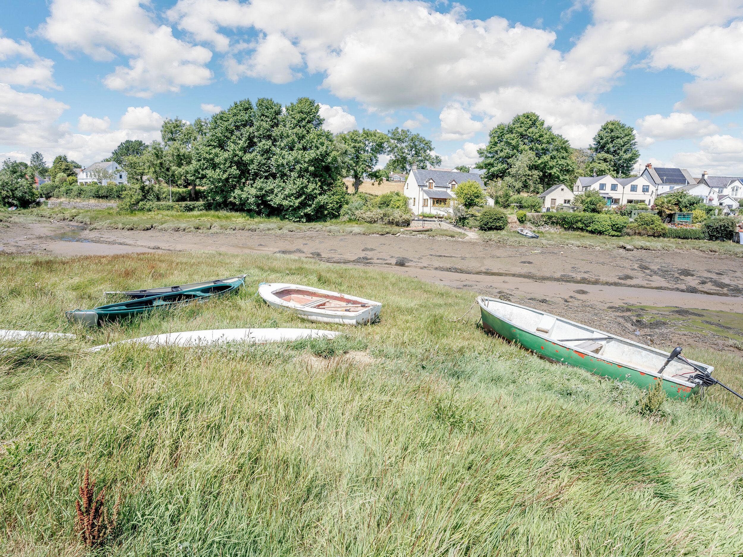 A grassy area with several boats and houses in the background.