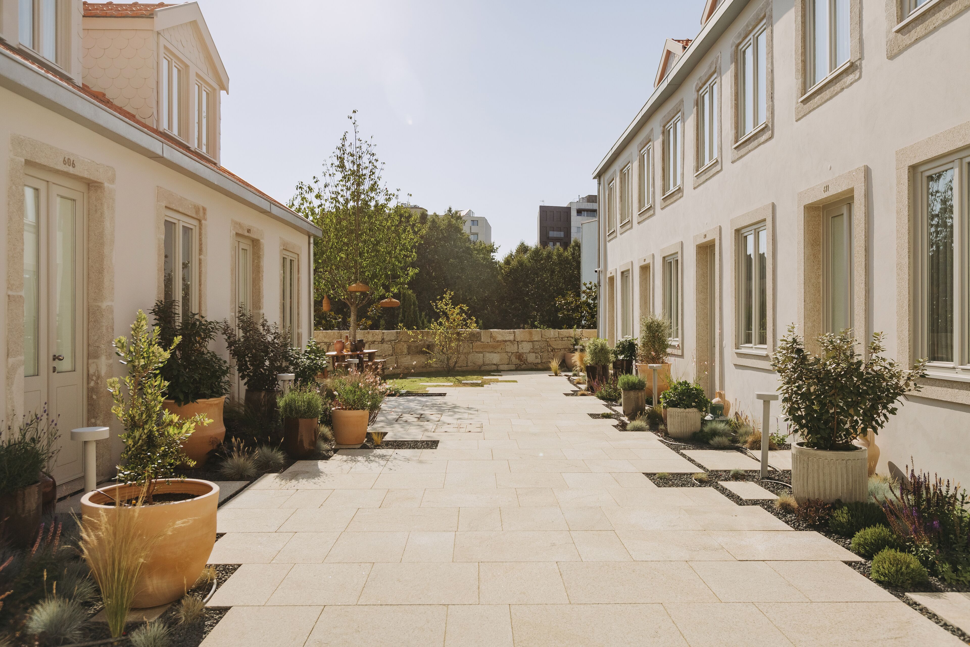 A courtyard with potted plants, a stone wall, and a pathway leading to a building entrance.