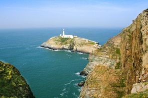 A coastal landscape with a lighthouse on a rocky outcrop, overlooking the sea.