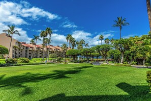 A hotel with a well-maintained lawn, palm trees, and a clear blue sky. - Kamaole Sands #1-105 Renovated Ground Floor Unit, Partial Oceanview, A/C! (Kihei)