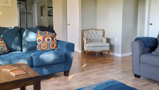 Ein Wohnzimmer mit einem blauen Sofa, einem grauen Sofa, einem Holztisch und einem gemusterten Teppich.