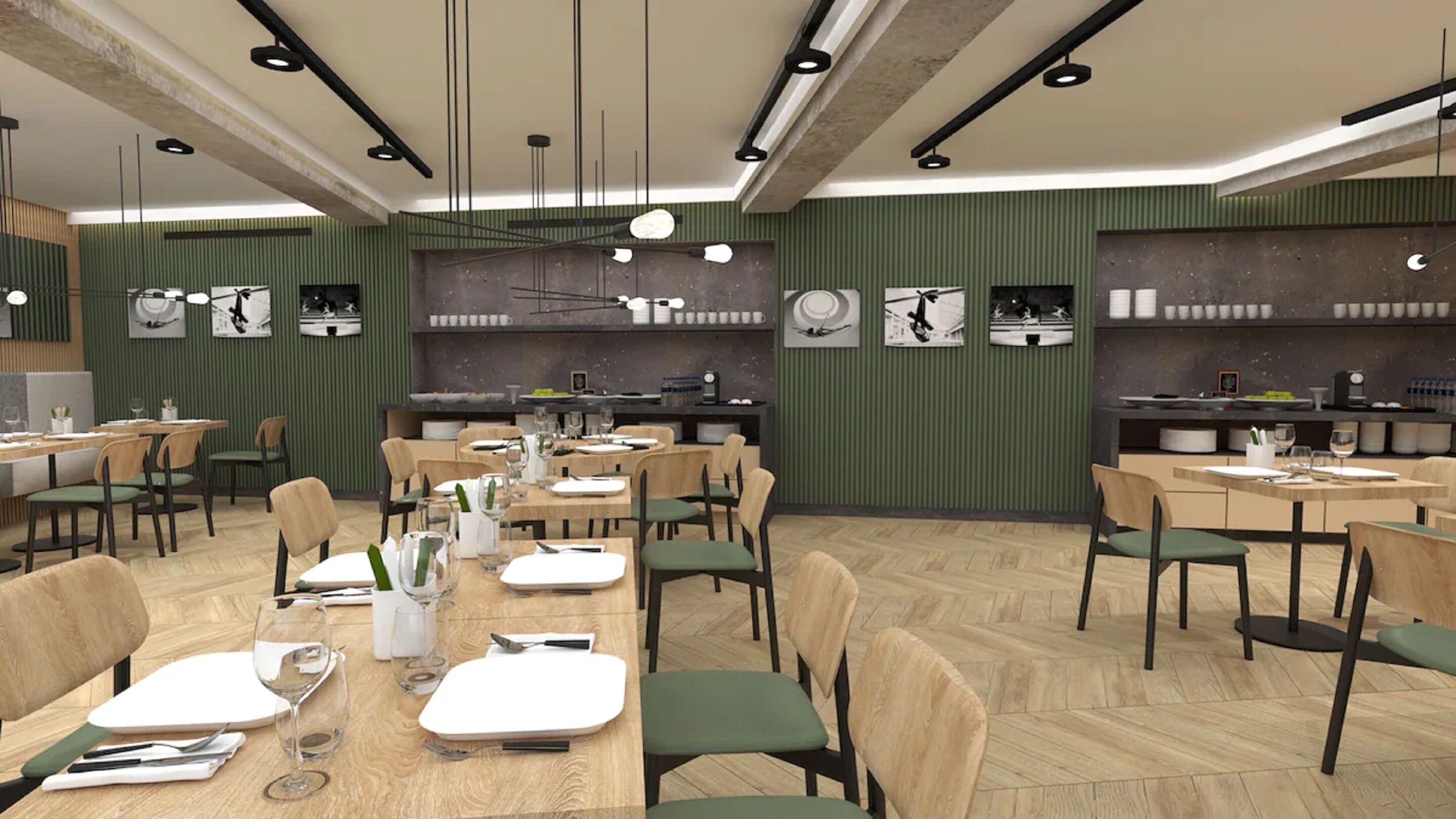 A modern restaurant with multiple dining tables, chairs, and a bar area.