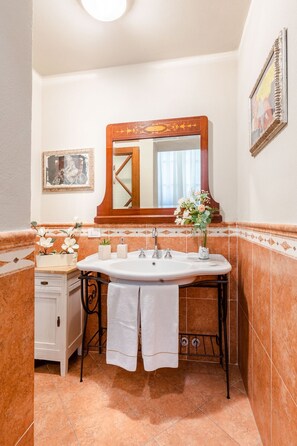 Shower, hair dryer, towels - The Garden Along The Stream, romantic apartment with private garden inside the walls of Lucca (Lucca)
