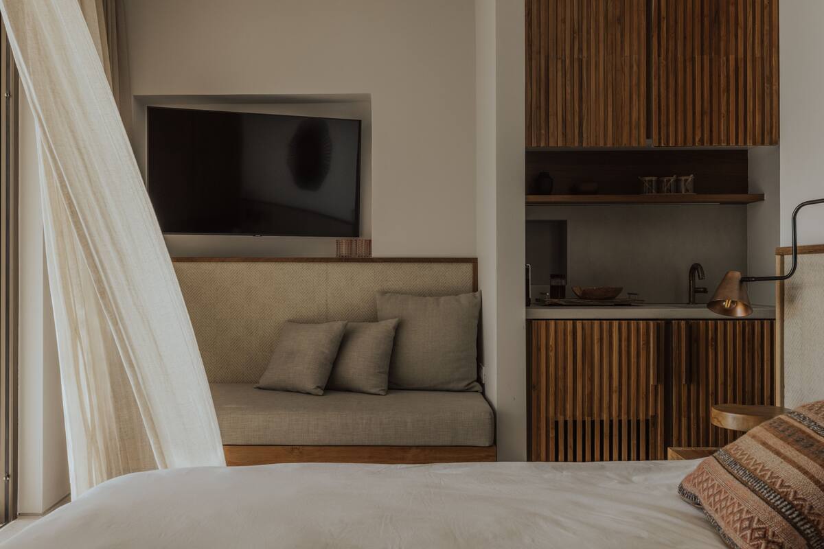 Un dormitorio con una cama, un sofá, un televisor y un armario de madera.
