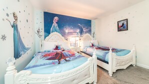 A bedroom with two white beds, a large wall mural, and star decals. - Last Minute Disney! Private Pool, Hot Tub, Game Room & Themed Bedrooms. Book Now! #38310 (Orlando)