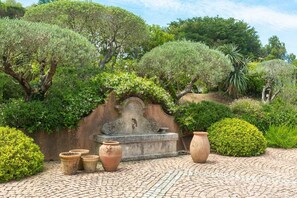 Stroll through a serene garden oasis with lush greenery, mature trees, and a soothing stone fountain.