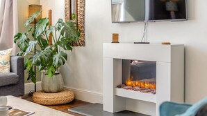 Un salon moderne avec une cheminée, un téléviseur à écran plat et une grande plante.