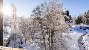 A snowy landscape with a wooden staircase leading up to a cabin. - Vacancéole - Grand Morillon (Morillon)