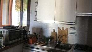 A compact kitchen with white cabinets, a built-in microwave, a toaster oven, and a sink. - Apartment (Sant'Ilario)