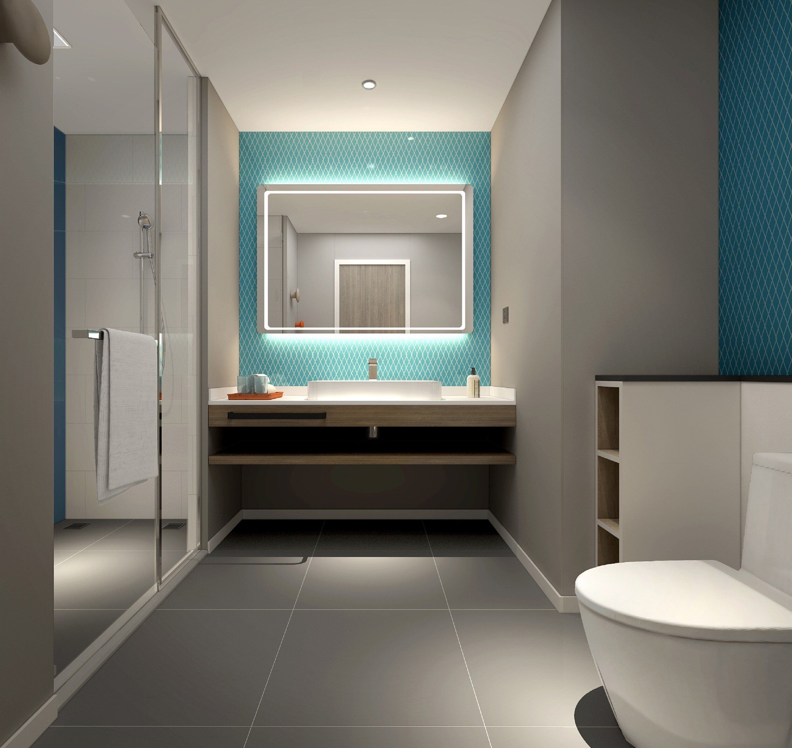 Une salle de bain moderne avec une douche à parois de verre, des toilettes blanches et un meuble-lavabo avec un miroir.