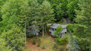 Una cabaña apartada rodeada de un bosque frondoso, con una pequeña terraza y un porche cubierto.