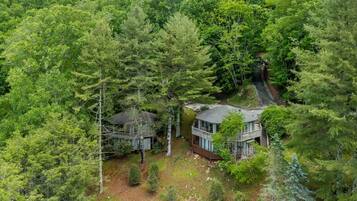 A secluded cabin surrounded by dense forest, with a small deck and a covered porch.