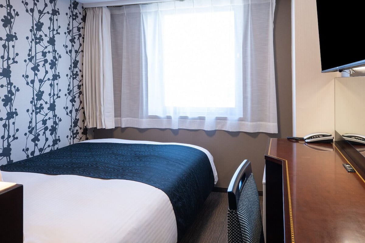A hotel room with a bed, a desk, a chair, a television, and a window with curtains.