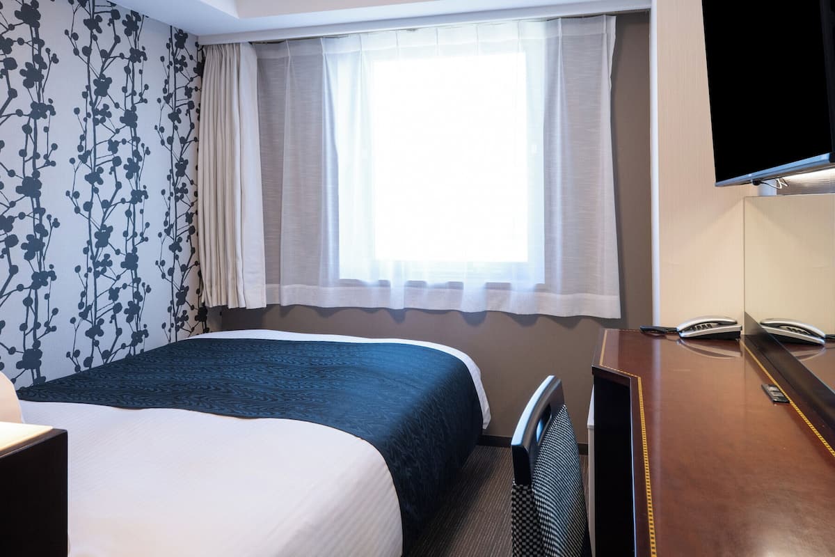 A hotel room with a bed, a television, a desk, and a window with curtains.