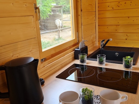 Fridge, microwave, stovetop, electric kettle. Roulotte en Bois