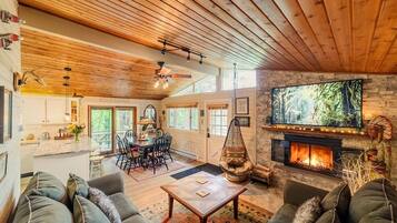 Télévision, cheminée, livres, espaces bureaux