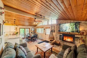 TV, fireplace, books, offices