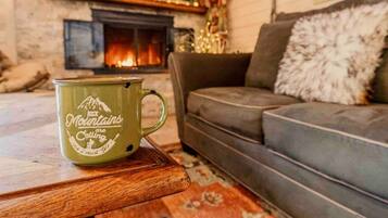 Télévision, cheminée, livres, espaces bureaux