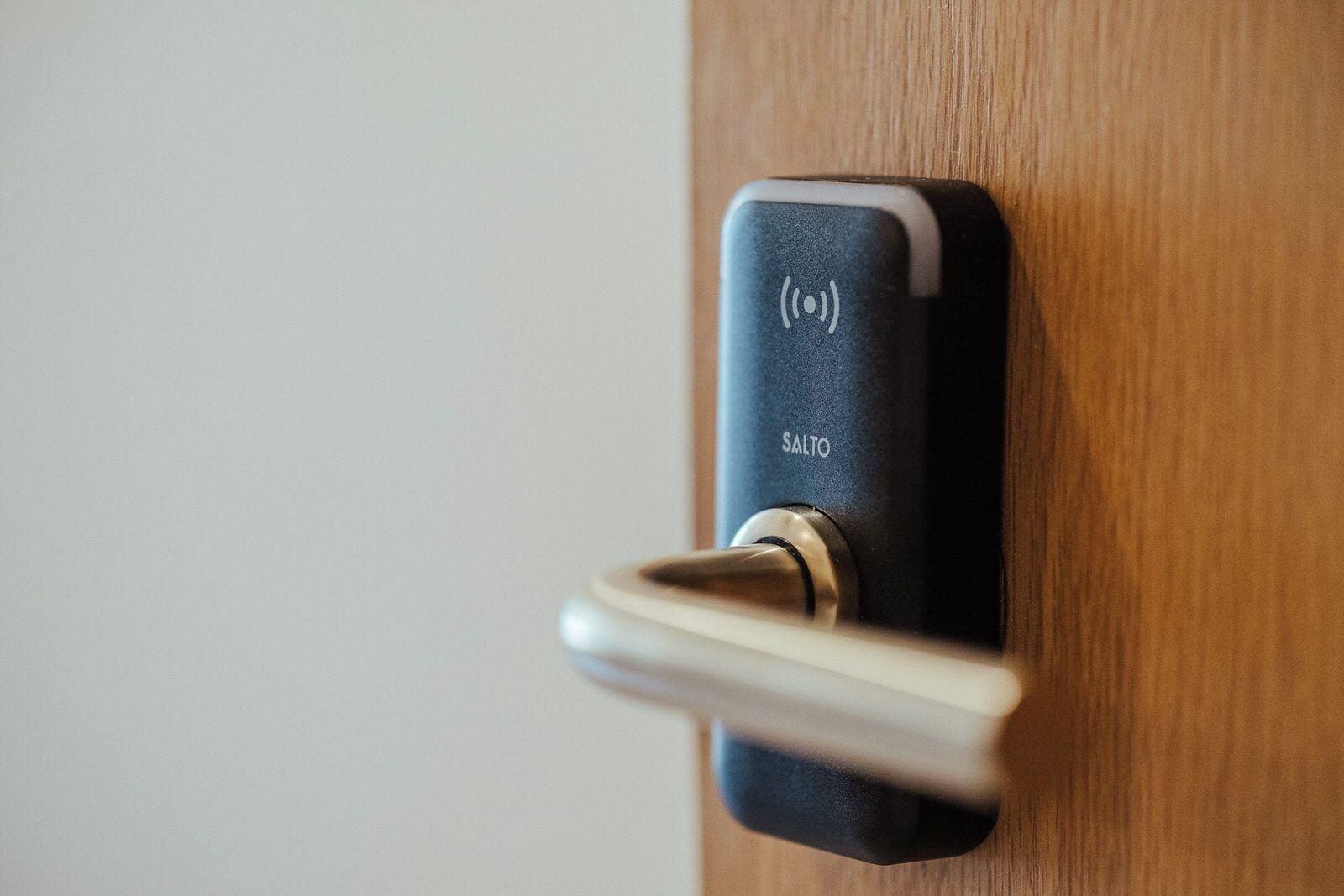 A modern door with a key lock and a push-button lock labeled "SALTO".